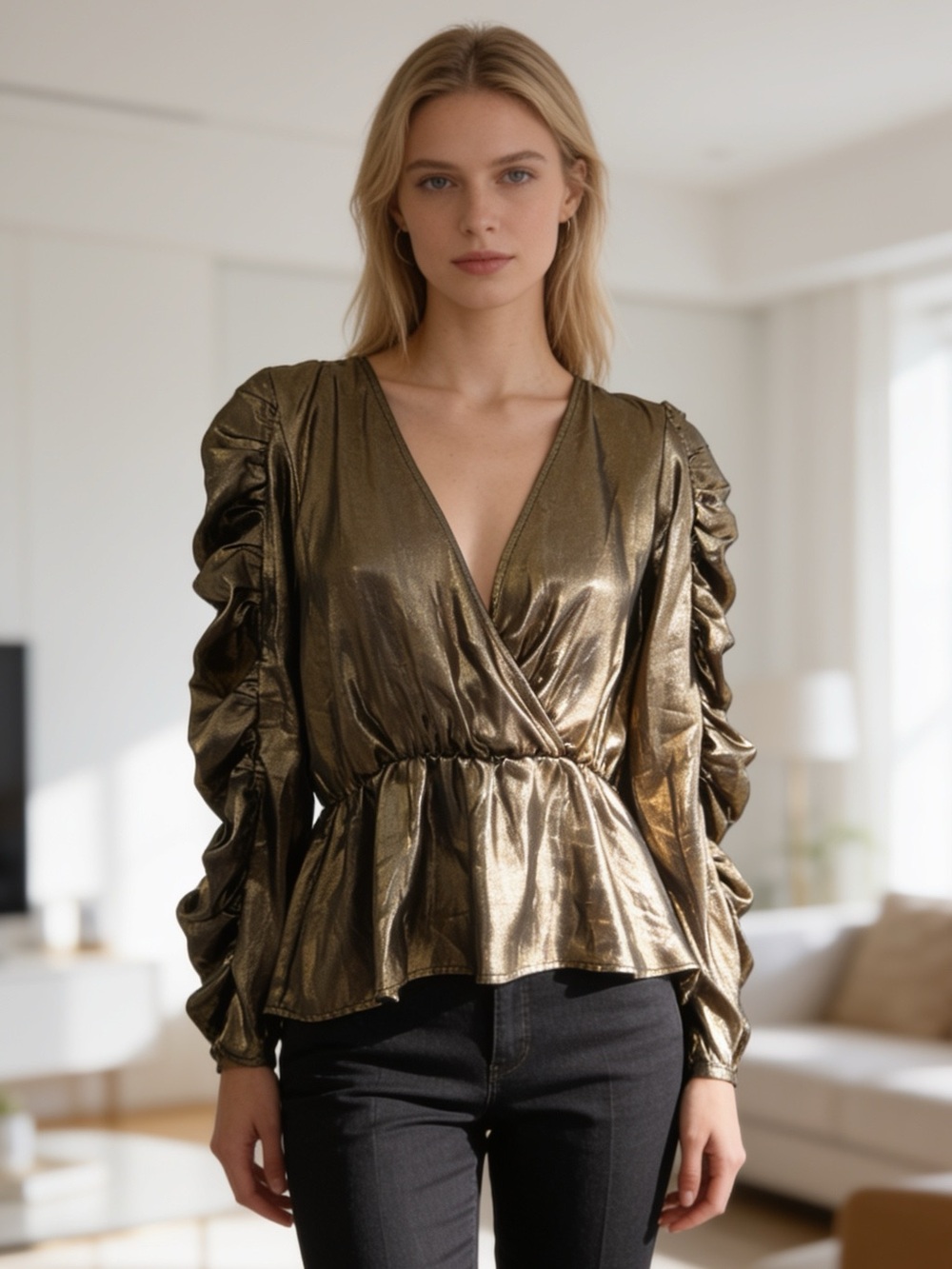 ZARA Metallic Bronze Gold Faux Wrap Peplum Blouse Ruched Sleeves XS